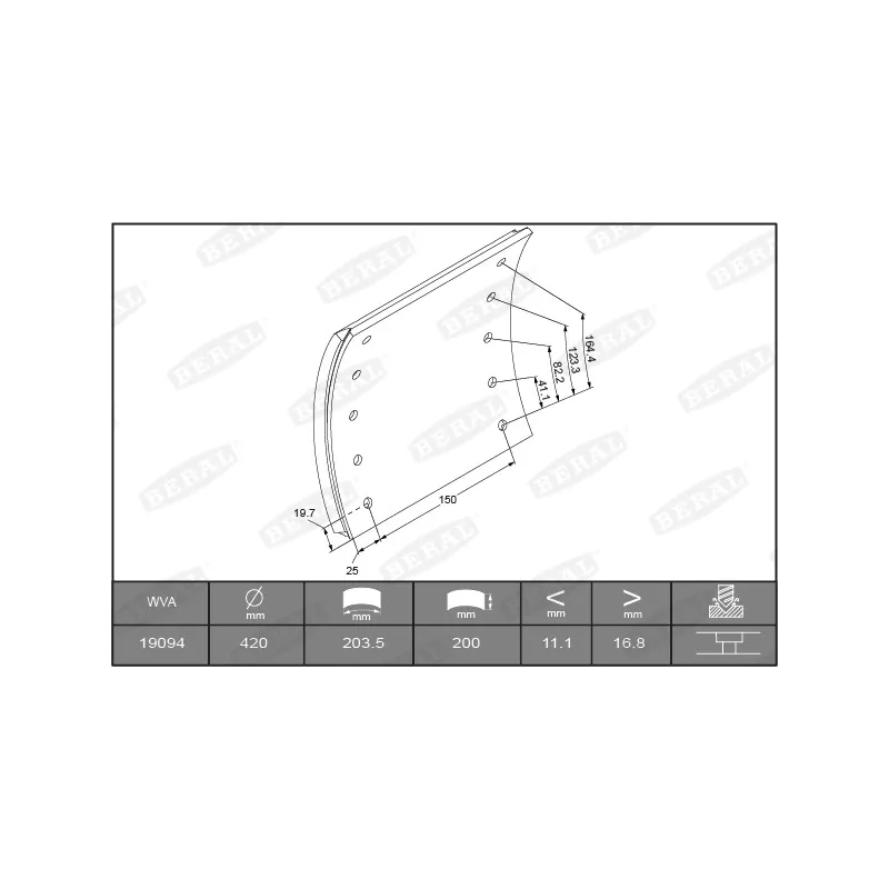 Garniture de sabot de frein BERAL 19094 17,00 00 8 1560