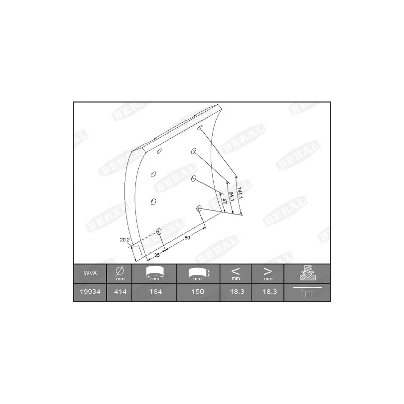Garniture de sabot de frein BERAL 19934 19,50 60 8 1627