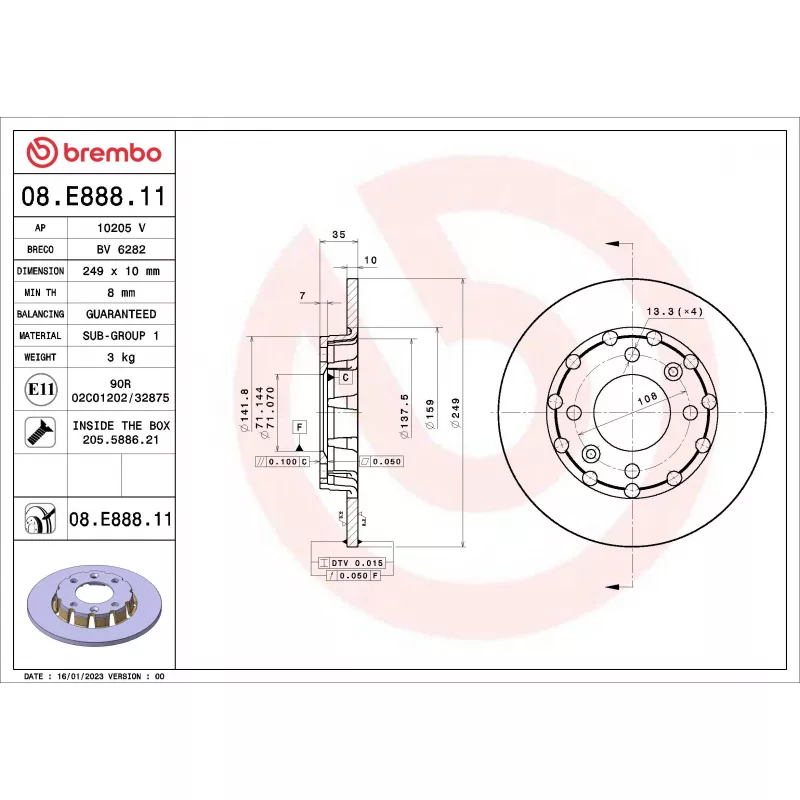 Jeu de 2 disques de frein arrière BREMBO 08.E888.11