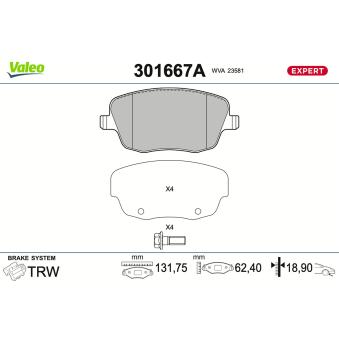 Jeu de 4 plaquettes de frein avant VALEO 301667A