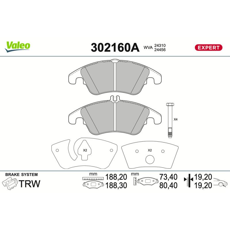Jeu de 4 plaquettes de frein avant VALEO 302160A - Visuel 1