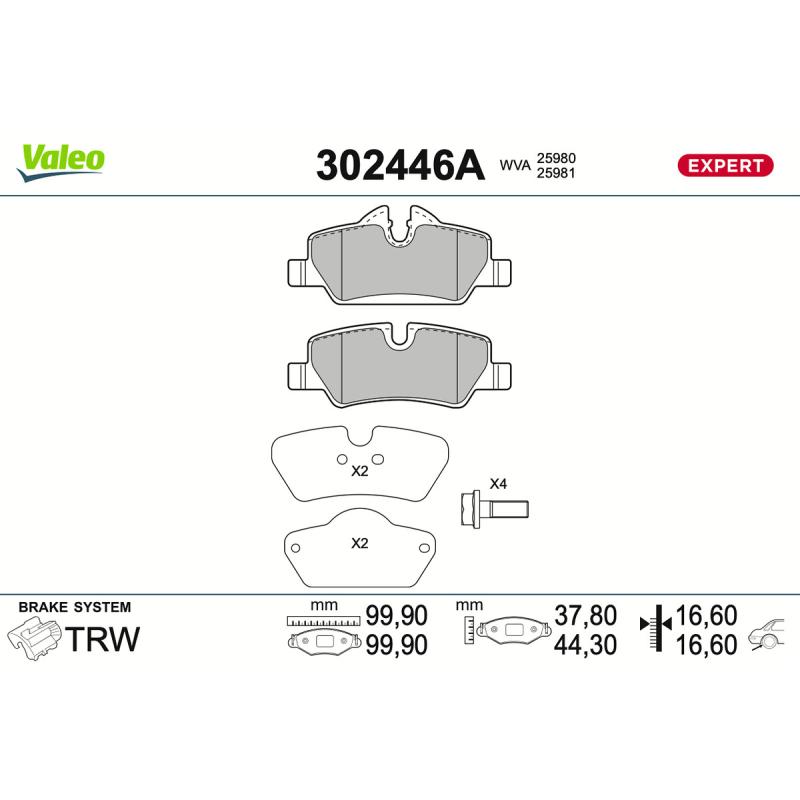 Jeu de 4 plaquettes de frein avant VALEO 302446A - Visuel 1