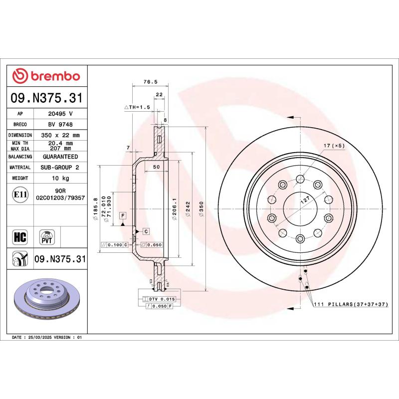 Jeu de 2 disques de frein arrière BREMBO 09.N375.31 - Visuel 1