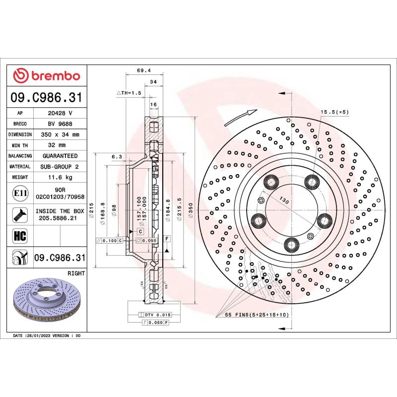 Disque de frein arrière droit BREMBO 09.C986.31 - Visuel 1