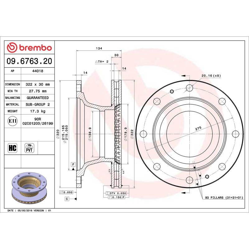 Jeu de 2 disques de frein arrière BREMBO 09.6763.20 - Visuel 1