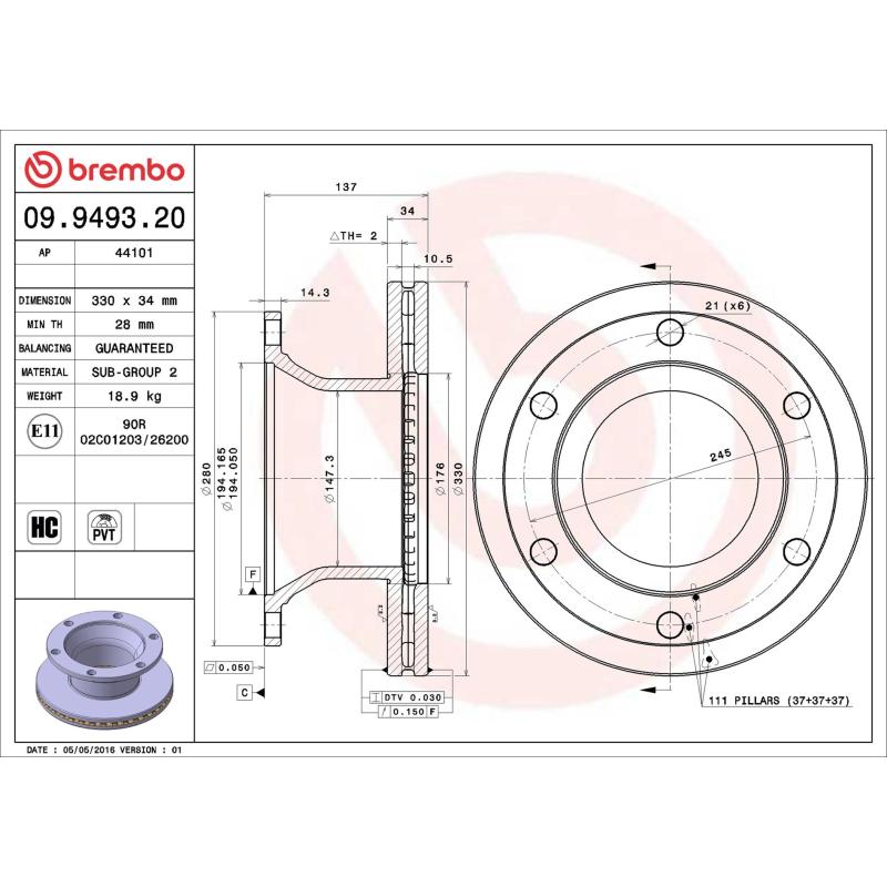 Jeu de 2 disques de frein arrière BREMBO 09.9493.20 - Visuel 1