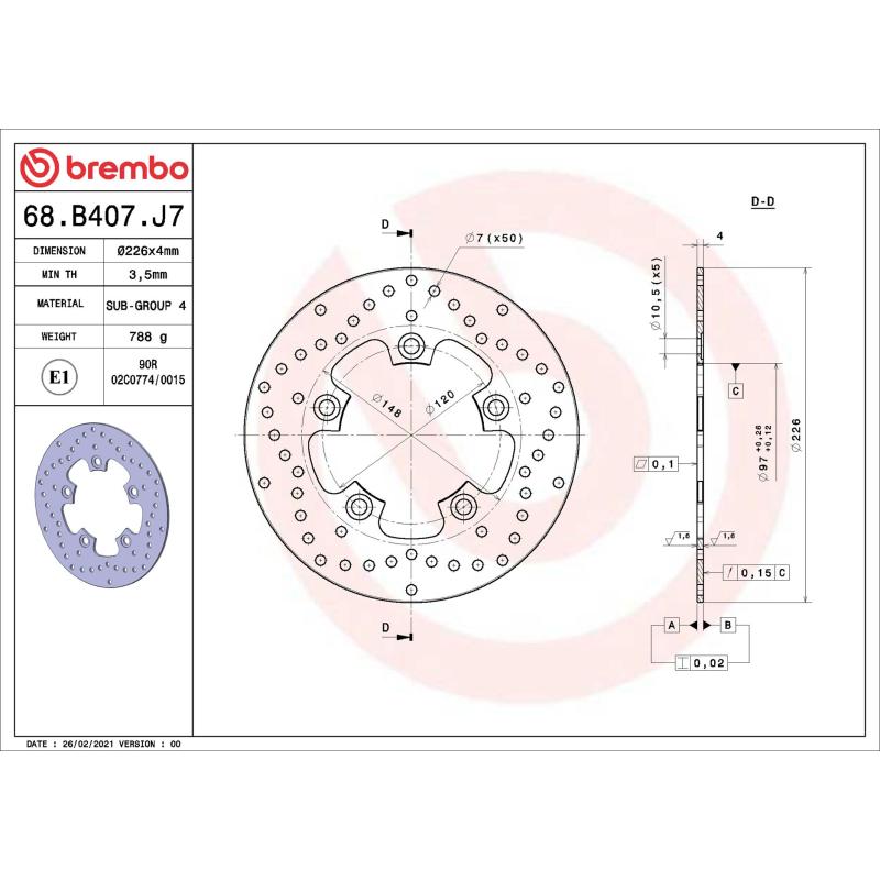 Disque de frein arrière BREMBO 68B407J7 - Visuel 1