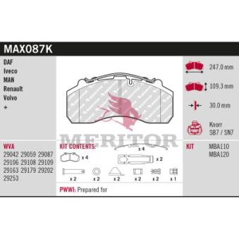 Jeu de 4 plaquettes de frein avant MERITOR MAX087K