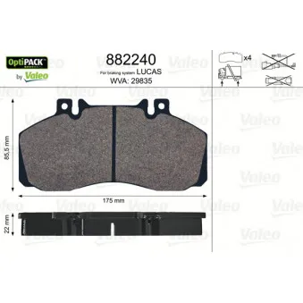 Jeu de 4 plaquettes de frein arrière VALEO 882240