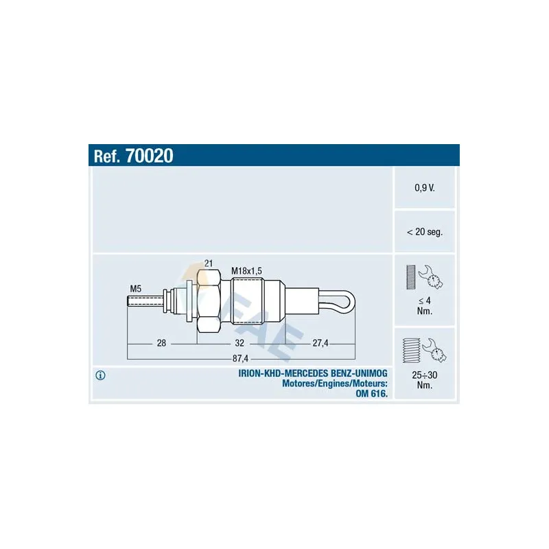 Bougie de préchauffage FAE 70020